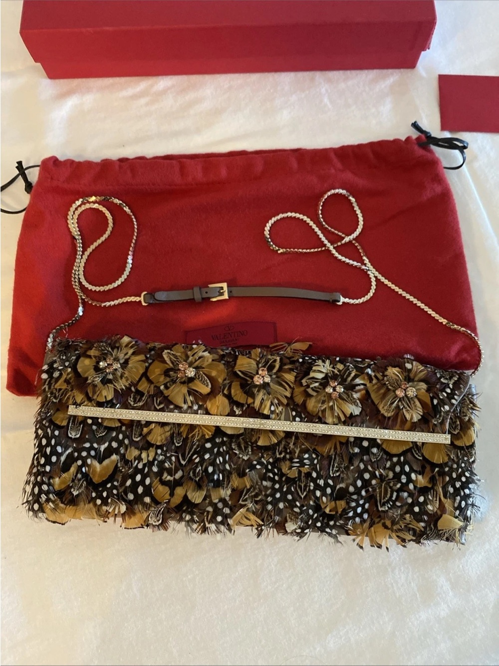 ISO: Valentino Garavani Brown Feather Embellished Clutch with Gold Chain